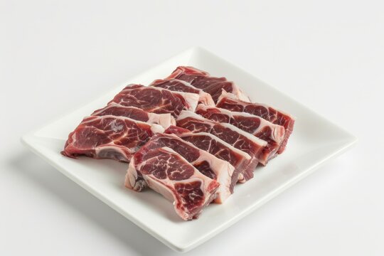 Six pieces of raw bull s tail on a white plate