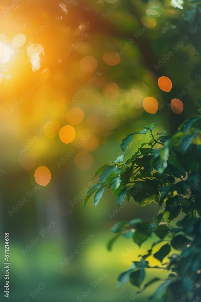 Poster a warm and inviting scene with sunlight shining down through the leaves of a tree, perfect for use i