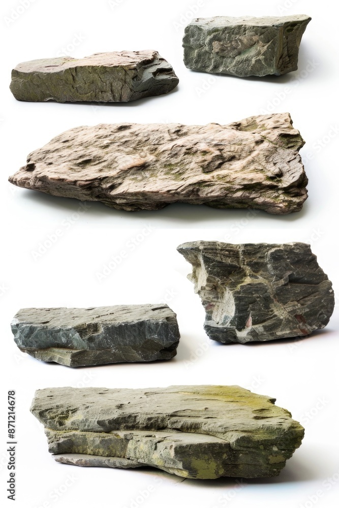 Poster A collection of rocks perched on a white background, suitable for use in designs and compositions where a natural element is needed