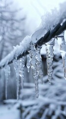 Icicles hanging from a wire with snow-covered background, macro shot. Winter season and cold weather concept