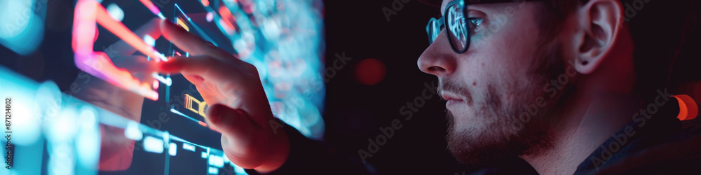 Aufkleber a man wearing glasses interacts with a digital display, his hand reaching out to touch the screen. t