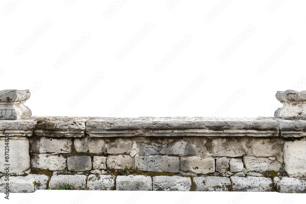 Poster a stone wall with two statues on top of it, perfect for use in historical or architectural illustrat