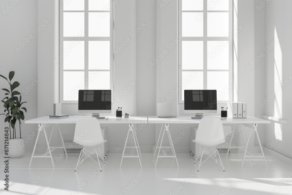 Poster two computers sit on a desk in a white room, ideal for office or study settings