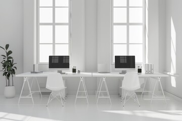 Two computers sit on a desk in a white room, ideal for office or study settings