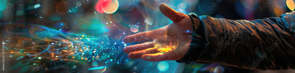 Aufkleber a close-up image of a persons hand reaching out with glowing light and bokeh in the background. the 