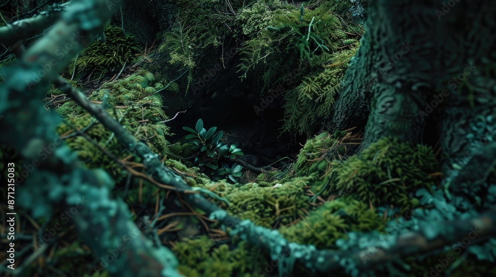 Poster a dense forest covered in lush green moss, perfect for use as a background or scenic element