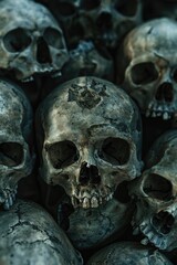 A pile of human skulls with a crown on top, often used in dark and mysterious themes