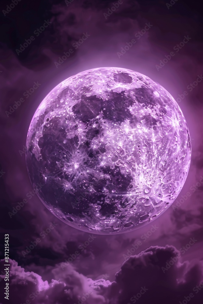 Poster a stunning image of a purple full moon with fluffy clouds in the background, perfect for use in astr