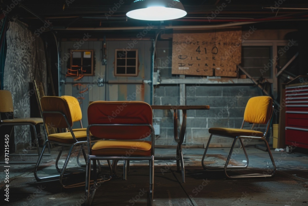 Poster a simple room with a table and chairs inside