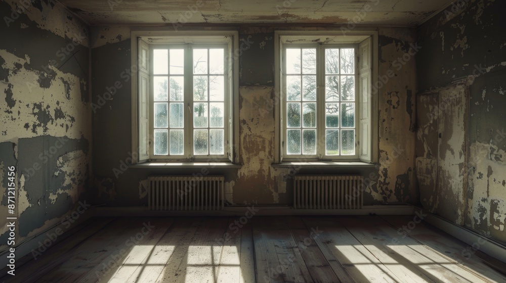 Poster a simple room with two windows and a radiator, perfect for interior design or minimalist decor scene