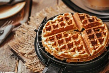 A waffle resting on the top of an electric waffle maker, ready for baking