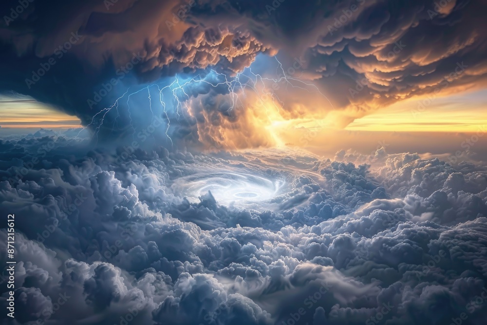 Poster a large cloud filled with lots of clouds and lightning, suitable for weather or atmospheric scenes