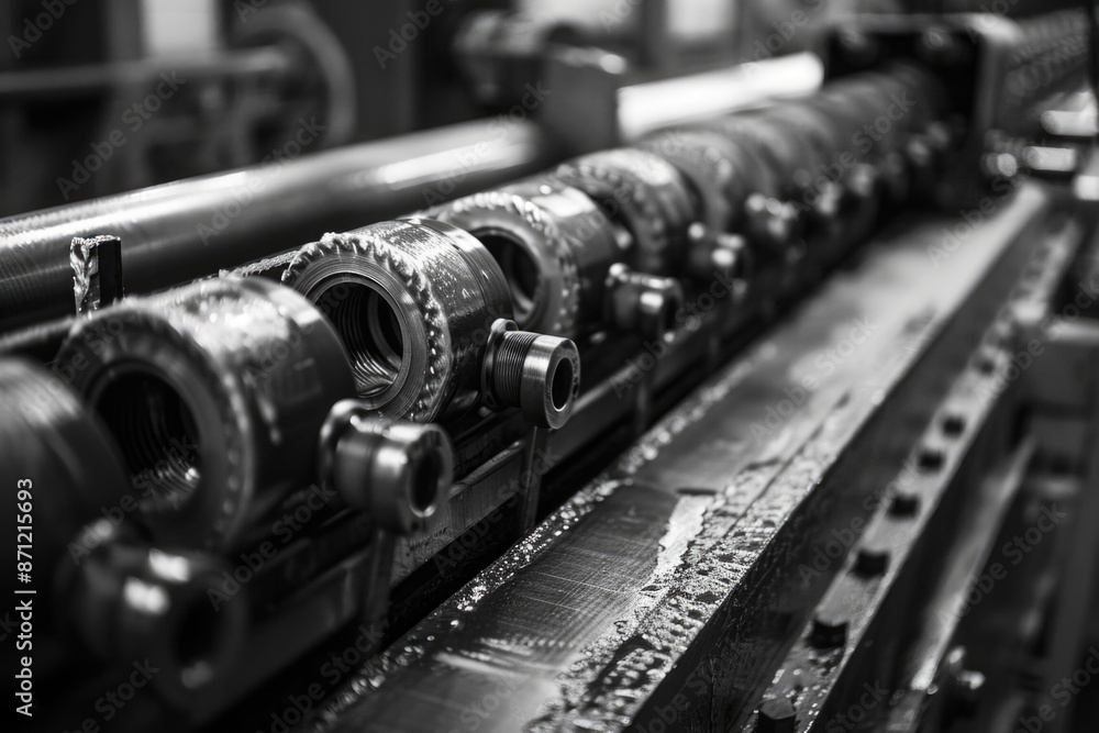 Poster close-up view of industrial machinery in a factory setting, ideal for use in commercial or manufactu