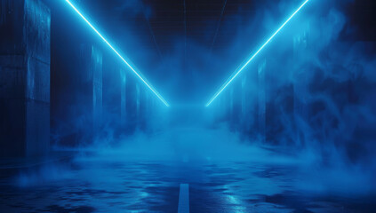 Obraz premium A dark empty street, dark blue background, an empty dark scene, neon light, spotlights The asphalt floor and studio room with smoke float up the interior texture. night view