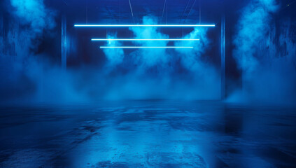 A dark empty street, dark blue background, an empty dark scene, neon light, spotlights The asphalt floor and studio room with smoke float up the interior texture. night view