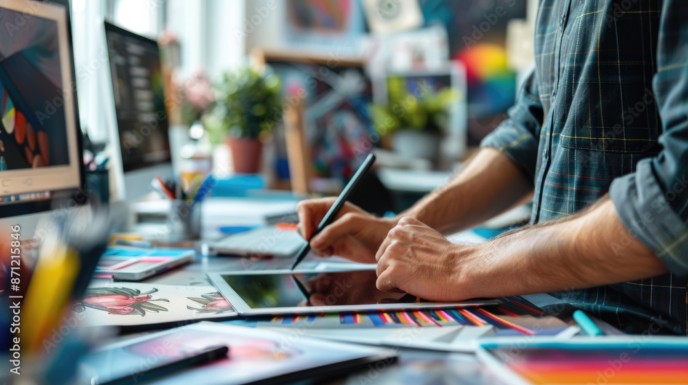 Poster a graphic designer uses a digital pen and tablet to create artwork in a modern workspace. the desk i