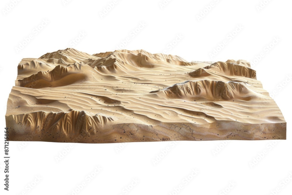 Poster a 3d model of a desert landscape with sand dunes, perfect for use in travel or adventure-themed proj