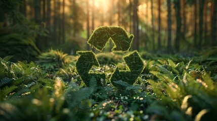 Green recycling symbol in forest  concept for ecological waste management and sustainable lifestyle