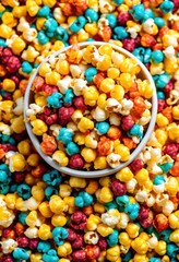 colorful container spilling fun snack concept scattered kernels, popcorn, spilled, cinema, movie, tasty, delicious, yellow, blue, green, white, crunchy, eating