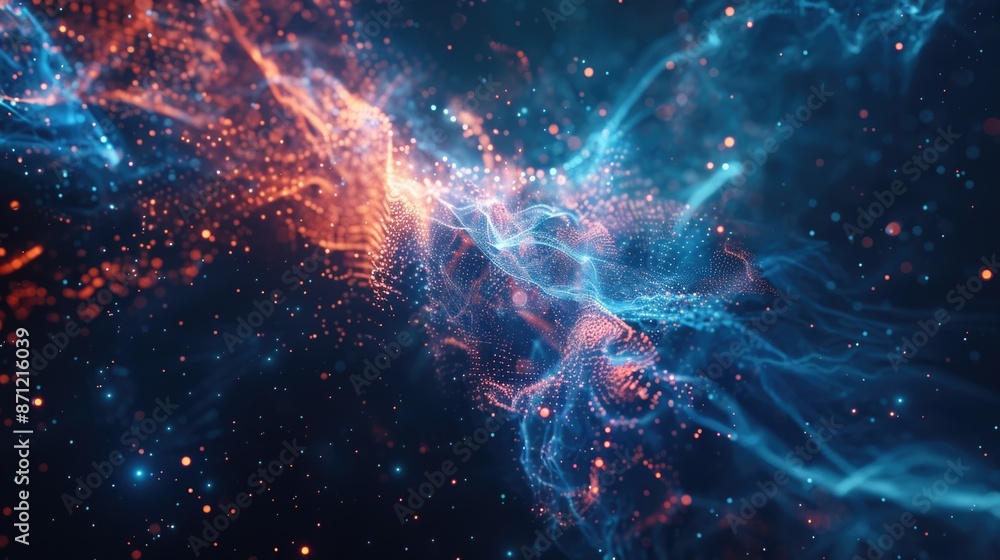 Poster galaxy with swirling clouds of gas and dust in shades of blue and red