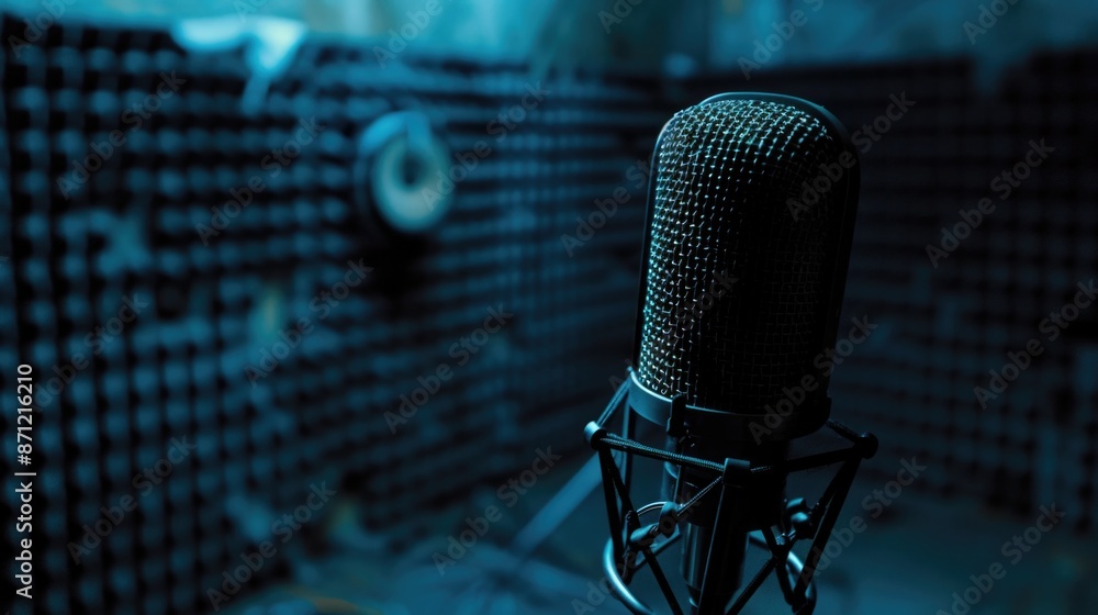 Poster a microphone positioned in front of a wall of microphones, ideal for use in audio recording studios 