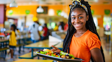 Afro female student holding her lunch tray at school cafeteria