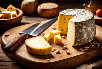 rustic artisan cheese wheel knife wooden board, dairy, food, gourmet, slice, cut, utensil, fresh, organic, natural, delicious, appetizer, cuisine, product
