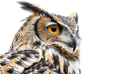 Obraz premium A close-up photograph of an owls face against a white background. The owl has large, bright yellow eyes and is looking off to the side