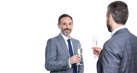 successful business partnership. two successful businessmen partner celebrating business success with champagne. partnership and business success. businessmen isolated on white. banner