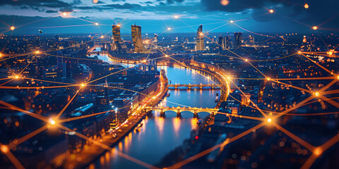 Obraz premium Abstract smart city lights by night, river bridge, network connectivity, technology, telecommunications