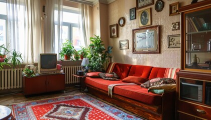 Interior of typical soviet style apartment. Old Soviet Russian living room poor interior