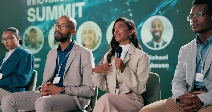 Stage, discussion and speaker of science, woman and explaining of research of climate change in world. Summit, eco friendly and public speaking of scientist, mic and speech for sustainability