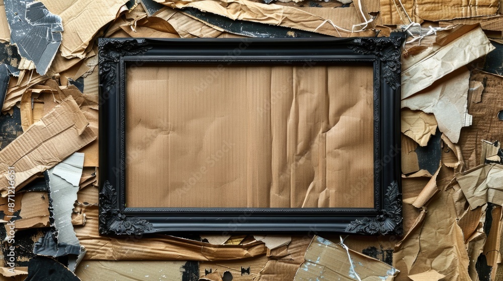 Aufkleber A frame sits atop a stack of torn paper, ideal for use in images about clutter, paperwork, or office settings