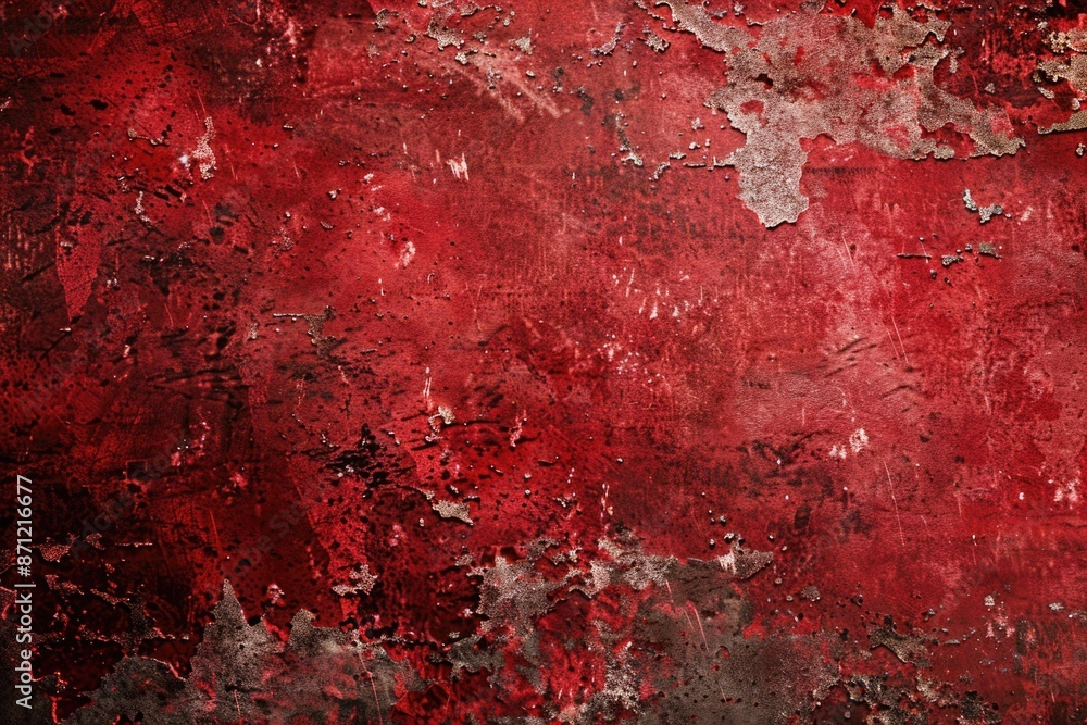 Poster a worn-out red wall with peeling paint, suitable for use in architecture, construction, or design co