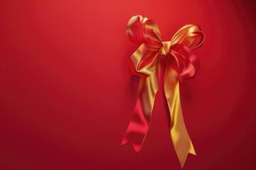A bright red bow with golden accents against a deep red backdrop