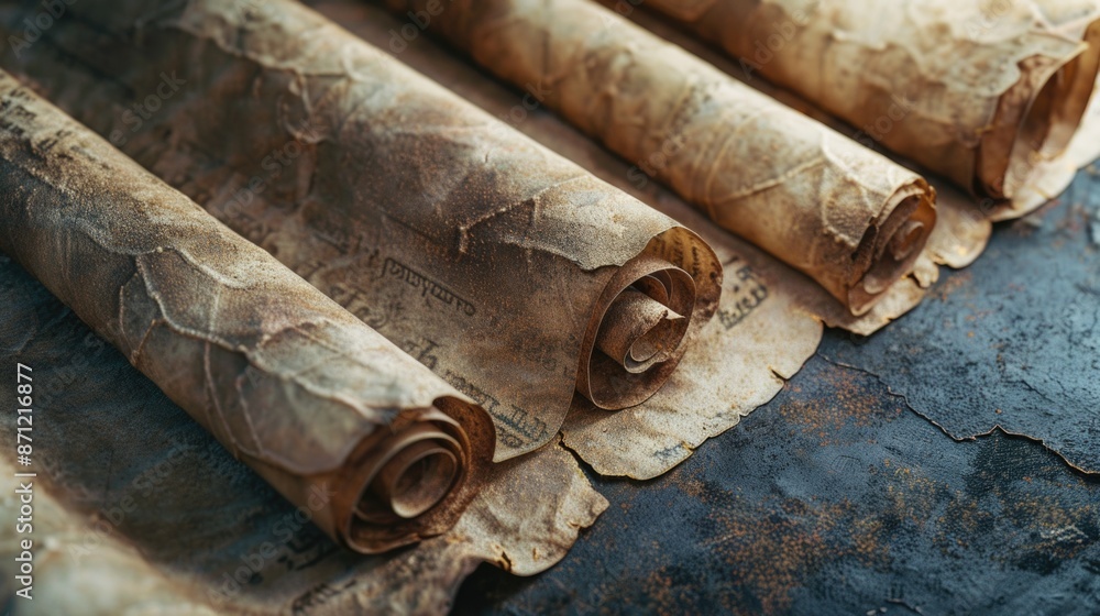Poster A group of rolled up papers sit on top of a table, ready for use or storage