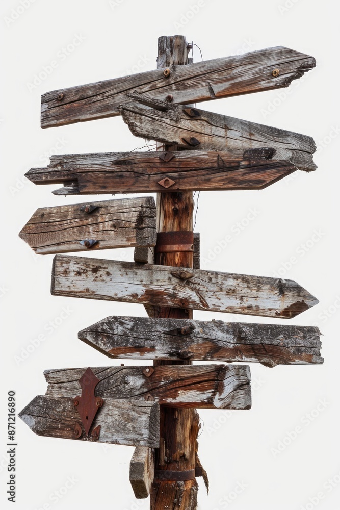Aufkleber A wooden pole with various signs pointing in different directions, useful for navigation and wayfinding