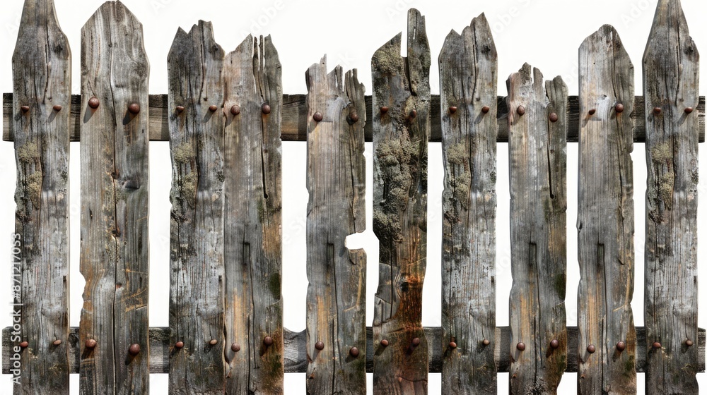 Poster a detailed shot of a wooden fence on a white background, ideal for use in design and photography pro