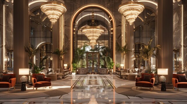 A 3D render of a luxury hotel reception lobby features opulent marble accents, plush seating, and elegant decor, all illuminated by soft lighting and grand chandeliers.