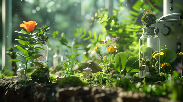 3D rendering of plants and flowers growing in glass bottles on the forest floor, with moss, grasses, small mushrooms, and tiny houses made of wood or stone.