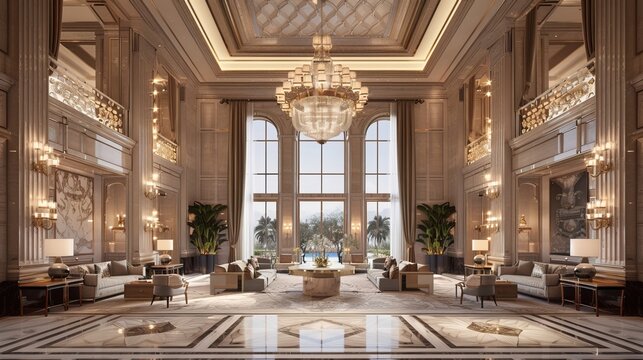 A 3D render of a luxury hotel reception lobby features opulent marble accents, plush seating, and elegant decor, all illuminated by soft lighting and grand chandeliers.