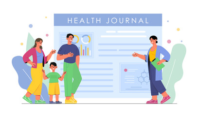 Health journal concept. Doctor consults family. Infographics and statistics about patients health. Diagnosis and treatment, medicine. Flat vector illustration