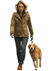 woman walking her dog on a leash. She is wearing a brown jacket  di-cut PNG transparent background generative ai
