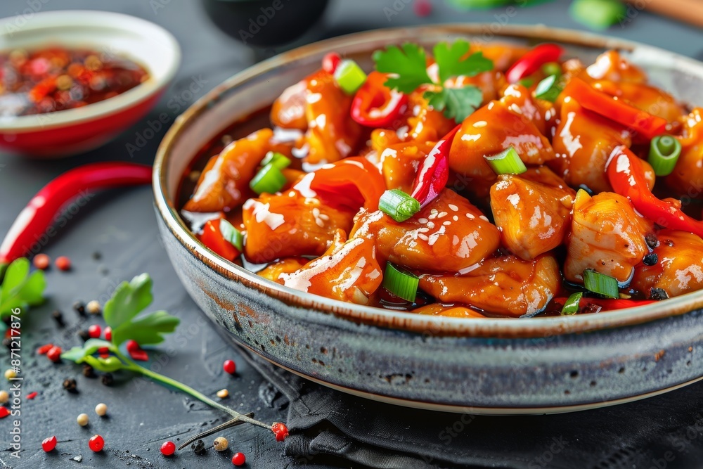 Poster Spicy chicken in sweet and sour sauce with chili pepper soy sauce in Asian cuisine