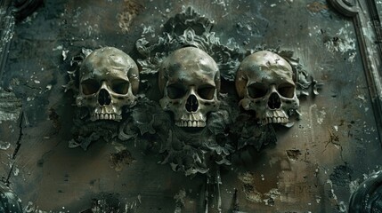 Three human skulls mounted to a wall, possibly as decoration or symbol of mortality