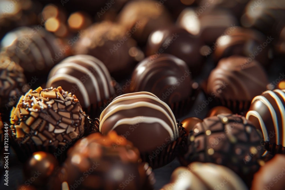 Poster A group of chocolates stacked on top of each other, various shapes and sizes