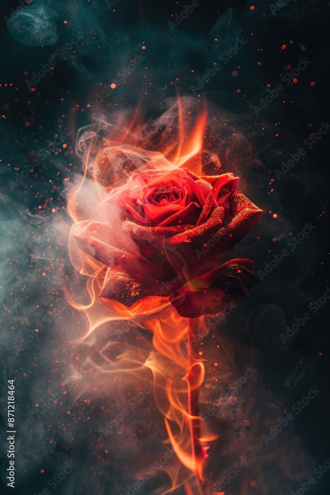 Poster a close-up of a red rose engulfed in flames on a dark background