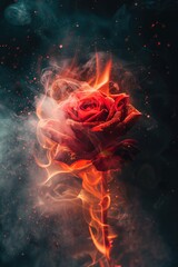 A close-up of a red rose engulfed in flames on a dark background