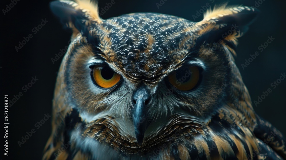 Poster Close-up of an owl's face with bright yellow eyes