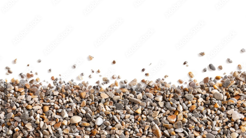 Poster a pile of rocks and gravel on a white surface, suitable for use as a decorative element or in a stil
